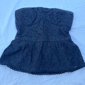 Abercrombie & Fitch Vtg Navy Smocked Lace-Trim Strapless corset Top L
